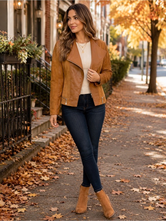 Fashion Nova Jackets & Blazers - Fashion Nova Faux Suede Moto Jacket Women’s Large Cognac Brown Asymmetrical Zip